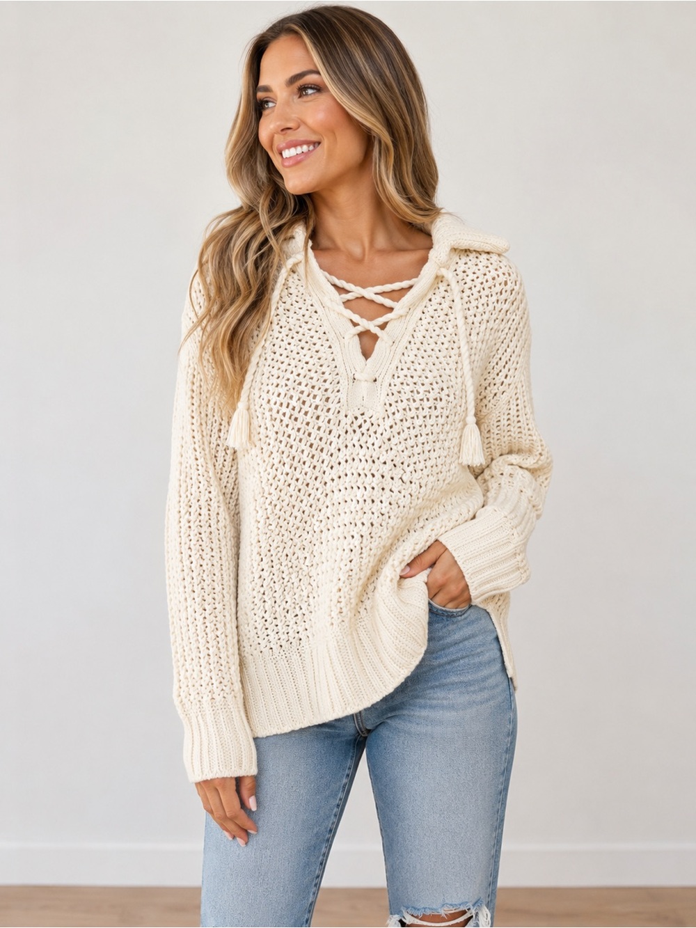 Polo Ralph Lauren Cream Cotton Wool Open Knit Lace Up Sweater US S